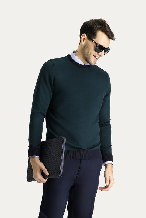 Dark Navy Crew Neck Slim Fit Narrow Cut Patterned Knit Sweater