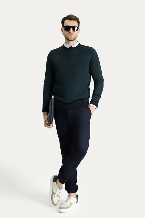 Dark Navy Crew Neck Slim Fit Narrow Cut Patterned Knit Sweater