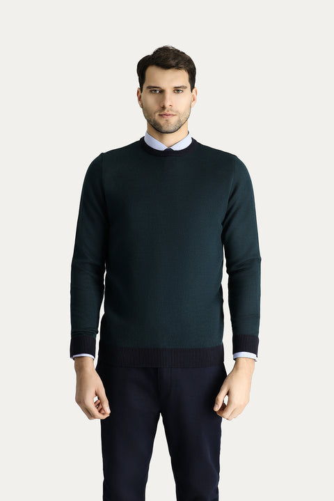Dark Navy Crew Neck Slim Fit Narrow Cut Patterned Knit Sweater