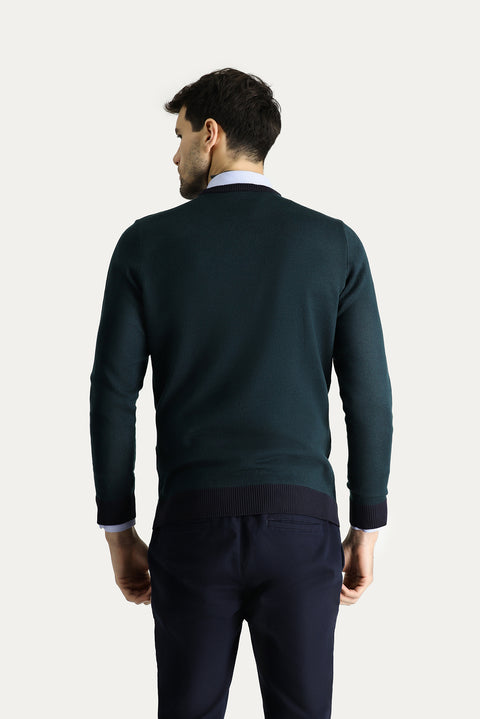 Dark Navy Crew Neck Slim Fit Narrow Cut Patterned Knit Sweater