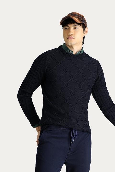 Dark Navy Crew Neck Regular Fit Patterned Knit Sweater