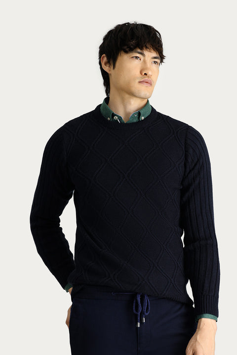 Dark Navy Crew Neck Regular Fit Patterned Knit Sweater