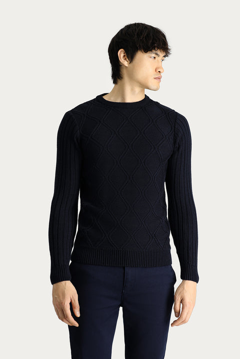 Dark Navy Crew Neck Regular Fit Patterned Knit Sweater