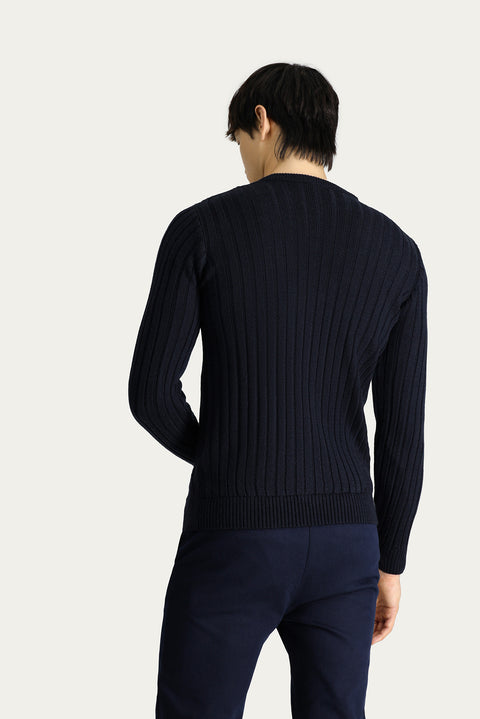 Dark Navy Crew Neck Regular Fit Patterned Knit Sweater