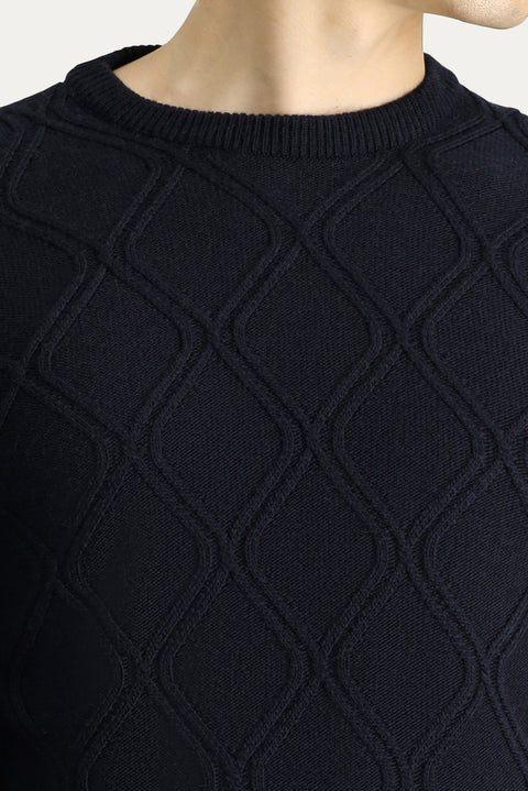 Dark Navy Crew Neck Regular Fit Patterned Knit Sweater