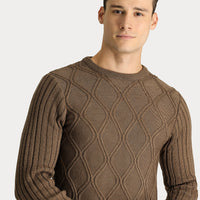 Medium Brown Crew Neck Regular Fit Patterned Knit Sweater