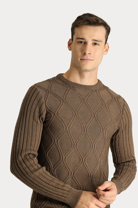 Medium Brown Crew Neck Regular Fit Patterned Knit Sweater