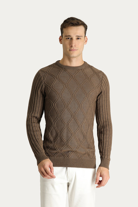 Medium Brown Crew Neck Regular Fit Patterned Knit Sweater