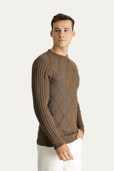 Medium Brown Crew Neck Regular Fit Patterned Knit Sweater