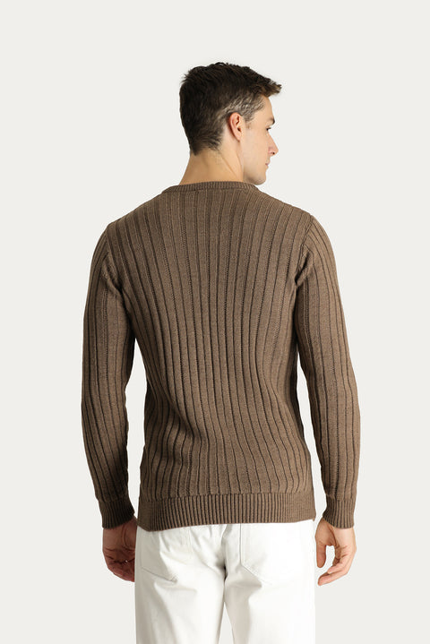 Medium Brown Crew Neck Regular Fit Patterned Knit Sweater