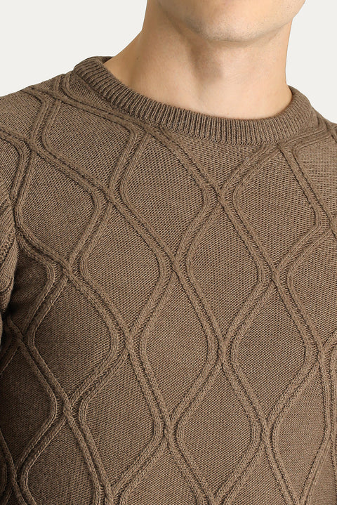 Medium Brown Crew Neck Regular Fit Patterned Knit Sweater