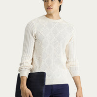Off-White Crew Neck Regular Fit Patterned Knit Sweater