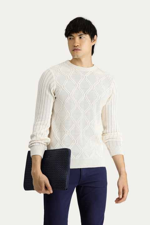 Off-White Crew Neck Regular Fit Patterned Knit Sweater