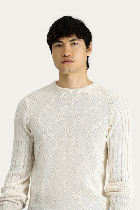 Off-White Crew Neck Regular Fit Patterned Knit Sweater