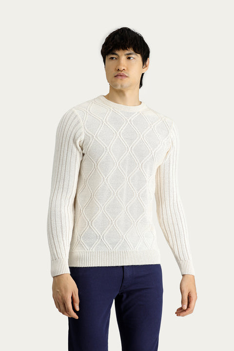 Off-White Crew Neck Regular Fit Patterned Knit Sweater