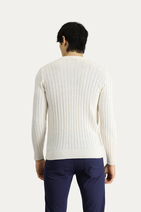 Off-White Crew Neck Regular Fit Patterned Knit Sweater