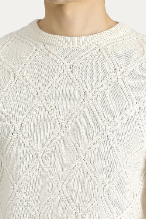 Off-White Crew Neck Regular Fit Patterned Knit Sweater