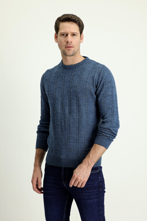 Dark Blue Crew Neck Regular Fit Patterned Knit Sweater