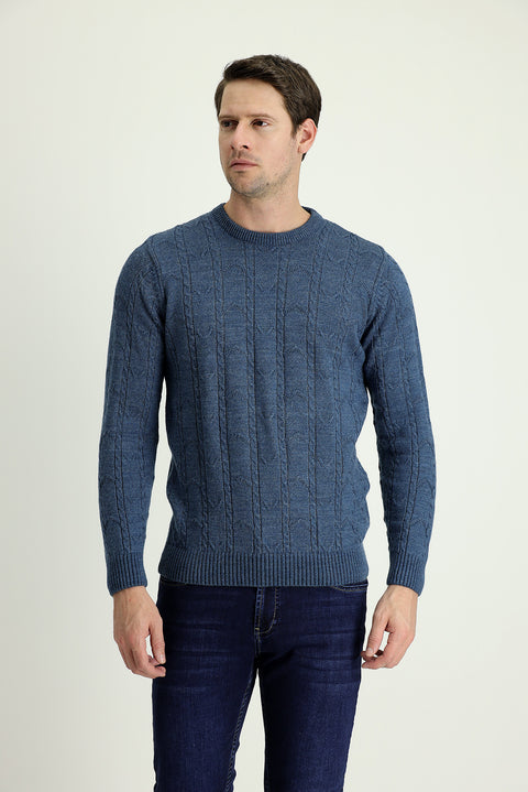 Dark Blue Crew Neck Regular Fit Patterned Knit Sweater
