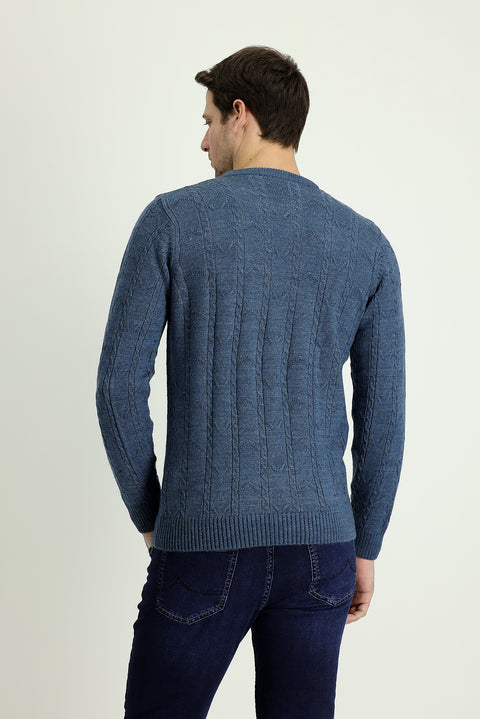 Dark Blue Crew Neck Regular Fit Patterned Knit Sweater