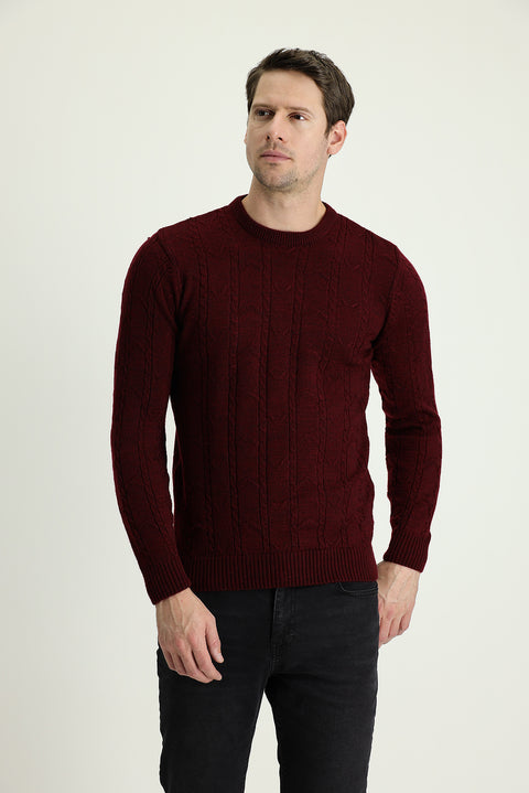 Wine Burgundy Crew Neck Regular Fit Patterned Knit Sweater