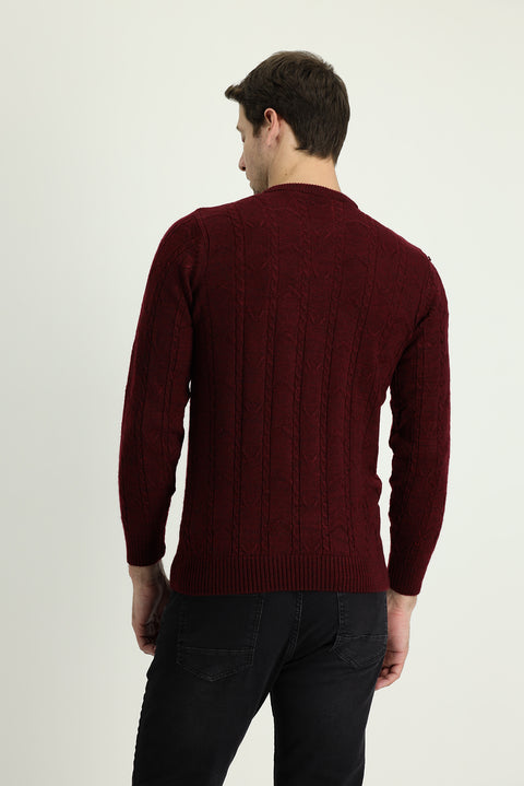 Wine Burgundy Crew Neck Regular Fit Patterned Knit Sweater