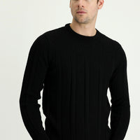 Black Crew Neck Regular Fit Patterned Knit Sweater