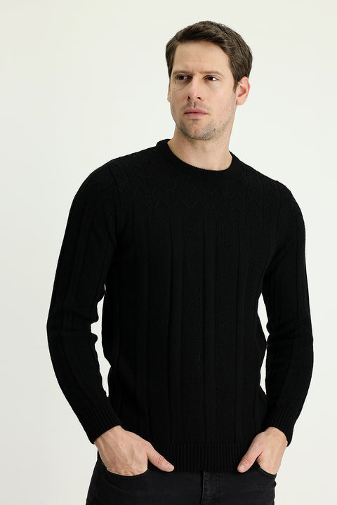 Black Crew Neck Regular Fit Patterned Knit Sweater