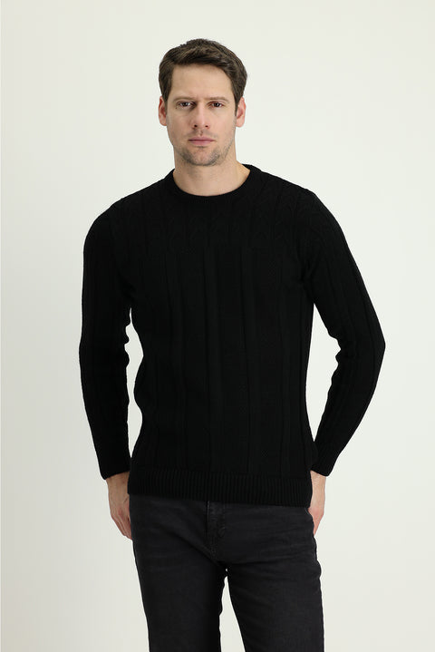 Black Crew Neck Regular Fit Patterned Knit Sweater