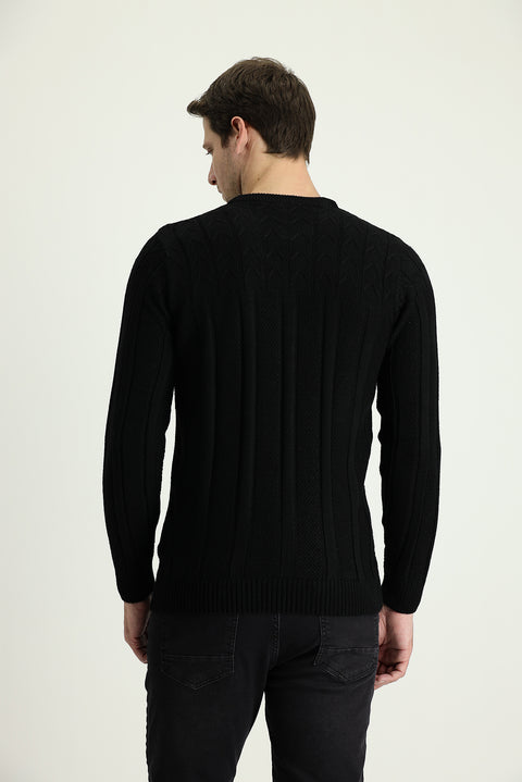 Black Crew Neck Regular Fit Patterned Knit Sweater
