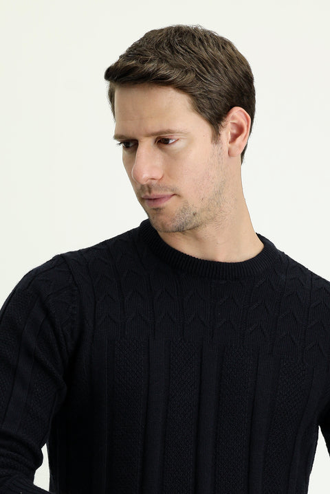 Dark Navy Crew Neck Regular Fit Patterned Knit Sweater