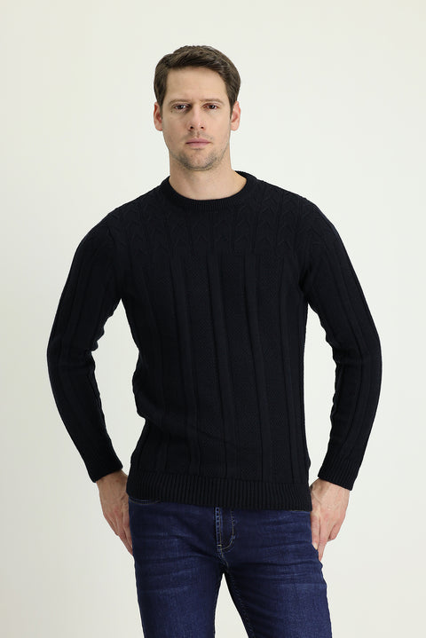 Dark Navy Crew Neck Regular Fit Patterned Knit Sweater
