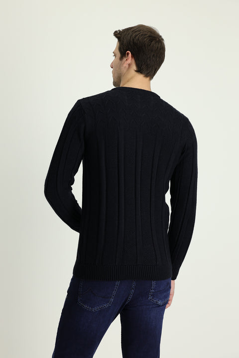 Dark Navy Crew Neck Regular Fit Patterned Knit Sweater