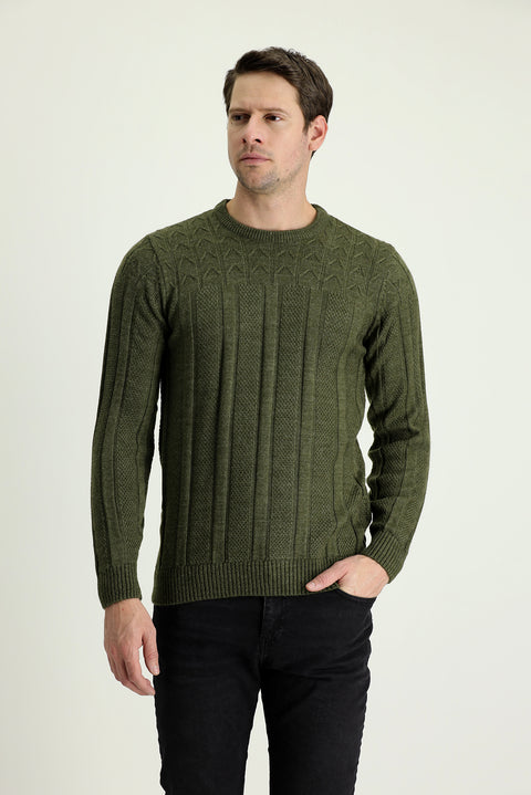 Medium Khaki Crew Neck Regular Fit Patterned Knit Sweater