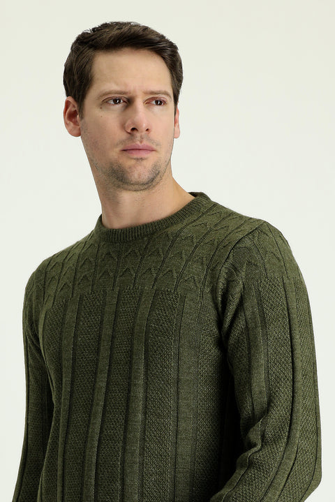 Medium Khaki Crew Neck Regular Fit Patterned Knit Sweater