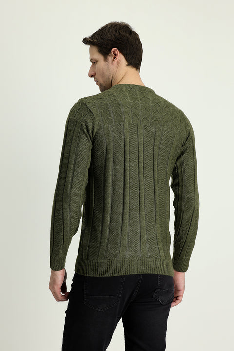 Medium Khaki Crew Neck Regular Fit Patterned Knit Sweater