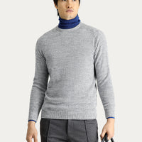 Medium Grey Melange Crew Neck Regular Fit Patterned Seamless Knit Sweater