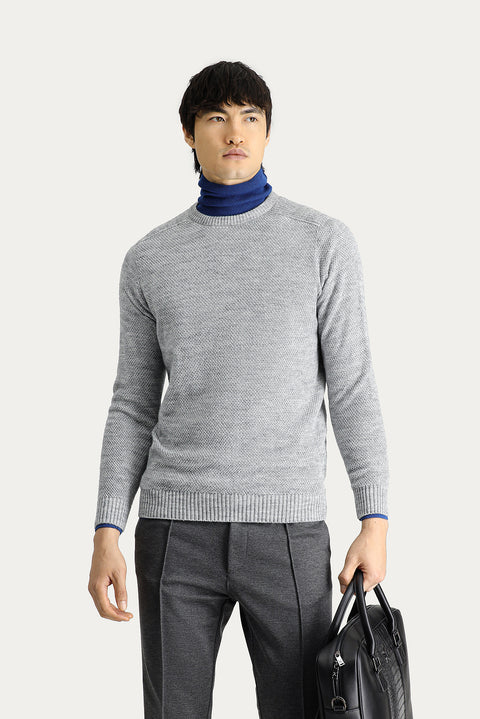 Medium Grey Melange Crew Neck Regular Fit Patterned Seamless Knit Sweater