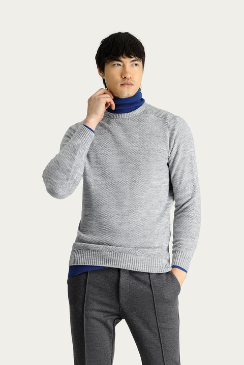 Medium Grey Melange Crew Neck Regular Fit Patterned Seamless Knit Sweater