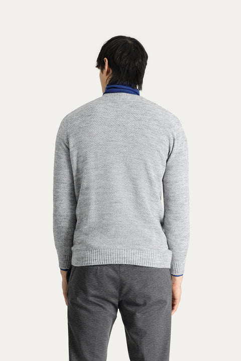 Medium Grey Melange Crew Neck Regular Fit Patterned Seamless Knit Sweater