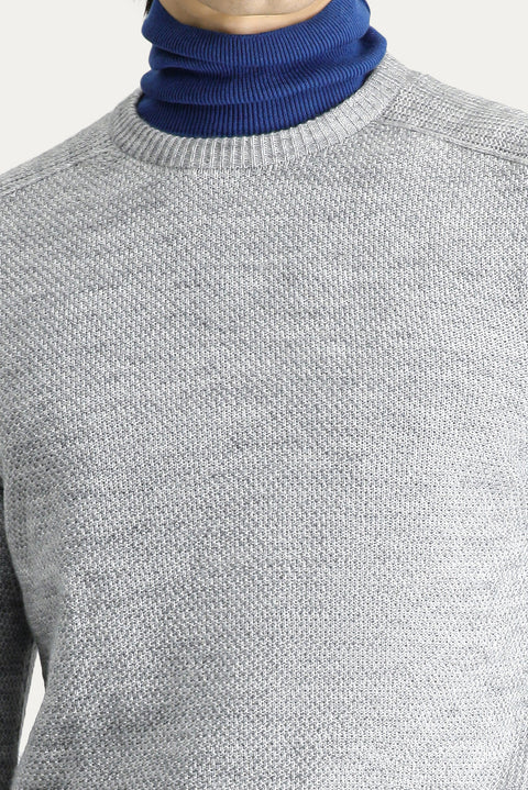 Medium Grey Melange Crew Neck Regular Fit Patterned Seamless Knit Sweater