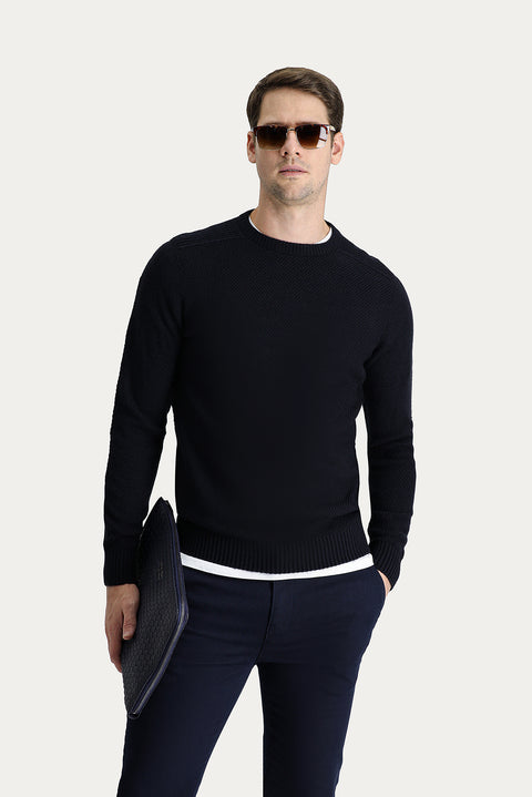 Dark Navy Crew Neck Regular Fit Patterned Seamless Knit Sweater