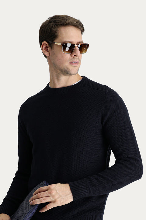 Dark Navy Crew Neck Regular Fit Patterned Seamless Knit Sweater