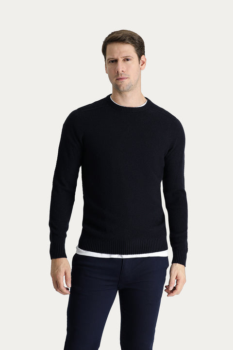 Dark Navy Crew Neck Regular Fit Patterned Seamless Knit Sweater