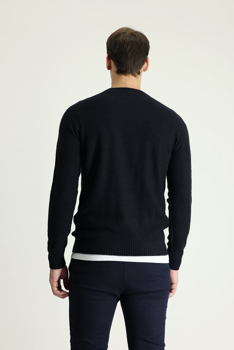 Dark Navy Crew Neck Regular Fit Patterned Seamless Knit Sweater