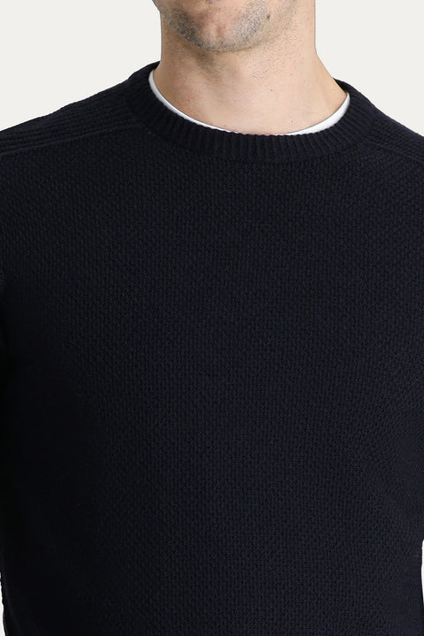 Dark Navy Crew Neck Regular Fit Patterned Seamless Knit Sweater