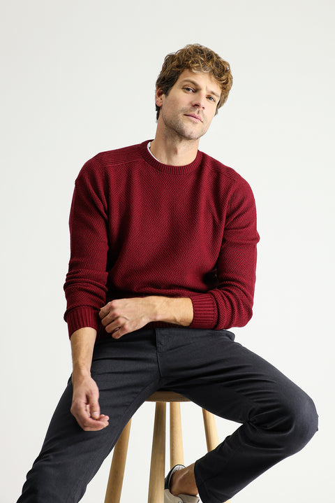Dark Burgundy Crew Neck Regular Fit Patterned Seamless Knit Sweater