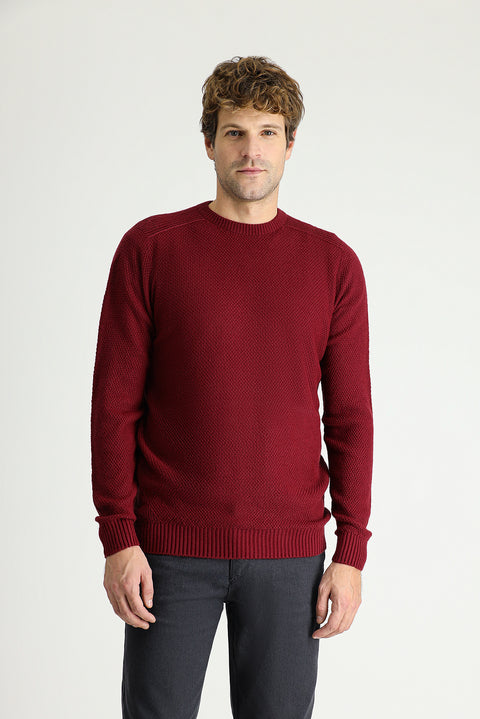 Dark Burgundy Crew Neck Regular Fit Patterned Seamless Knit Sweater