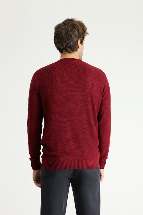 Dark Burgundy Crew Neck Regular Fit Patterned Seamless Knit Sweater