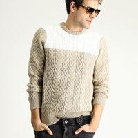 Medium Mink Crew Neck Slim Fit Narrow Cut Patterned Knit Sweater